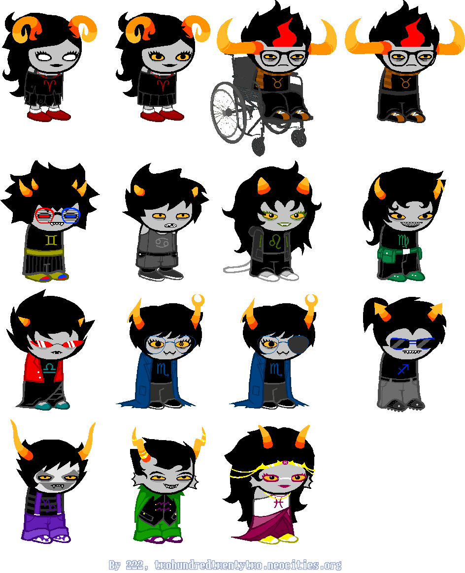 A set of ancestorswap sprite edits of the twelve Beta/post-scratch trolls. In order, we have: A ghostly and normal Feferi Megido, a sitting (in a wheelchair) and standing Eridan Nitram, Gamzee Captor, Equius Vantas, Vriska Leijon, Terezi Maryam, Kanaya Pyrope, a Nepeta Serket with and without an eyepatch, Karkat Zahhak, Sollux Makara, Tavros Ampora, and Aradia Peixes.
